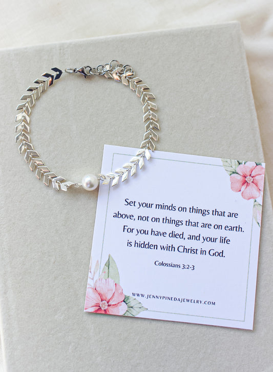 Silver plated bible verse pearl bracelet